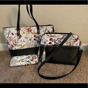 Floral shoulder tote bag, crossbody purse and wallet bundle